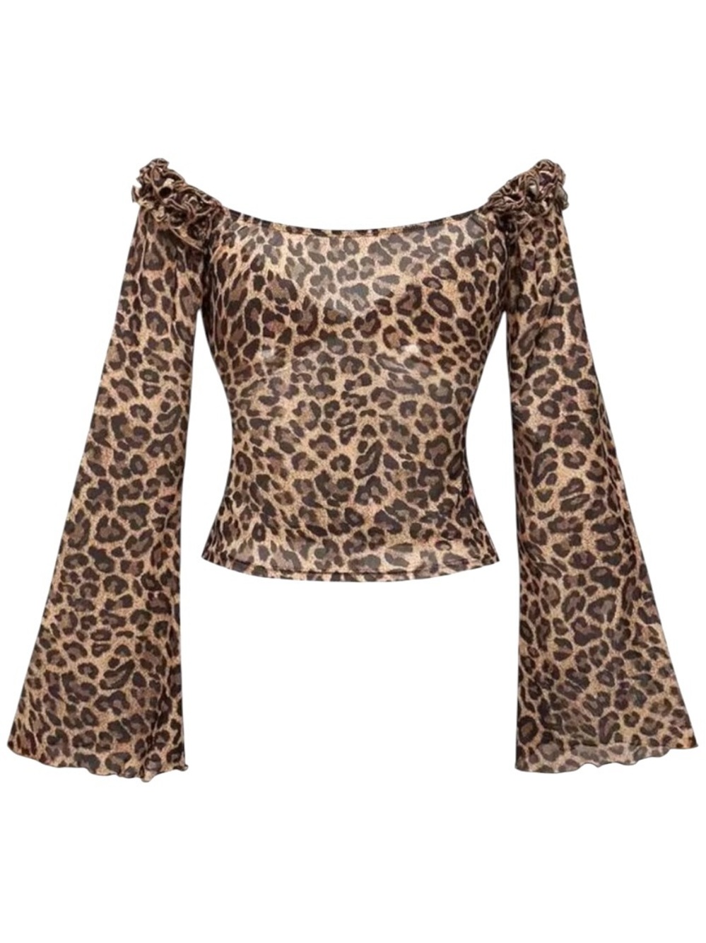 Y2K Leopard Mesh Top XS Off Shoulder Bell Sleeve Fairy Grunge Indie Sleaze - Picture 3 of 11